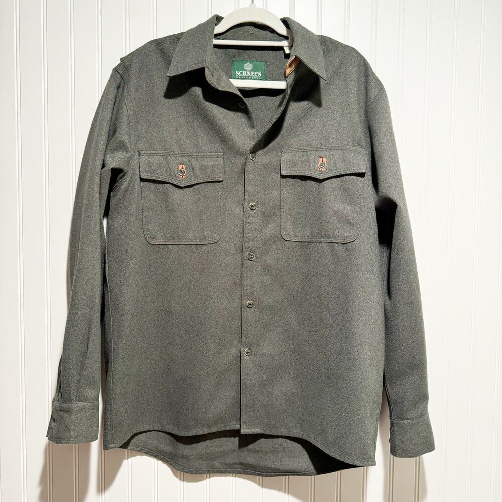 Schnees Mens Rifleman Shirt Jacket Shacket Gray Button Flannel Leather Trim Med